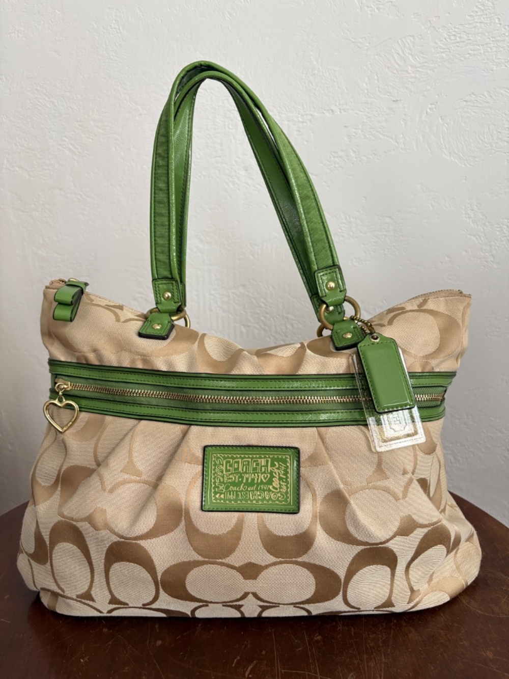 Coach Poppy Green Patent Leather & Tan Signature Canvas Tote Bag Y2K (F22947)